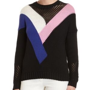Maje Marylene Black Blue Pink Crew Neck Sweater with V-Pattern